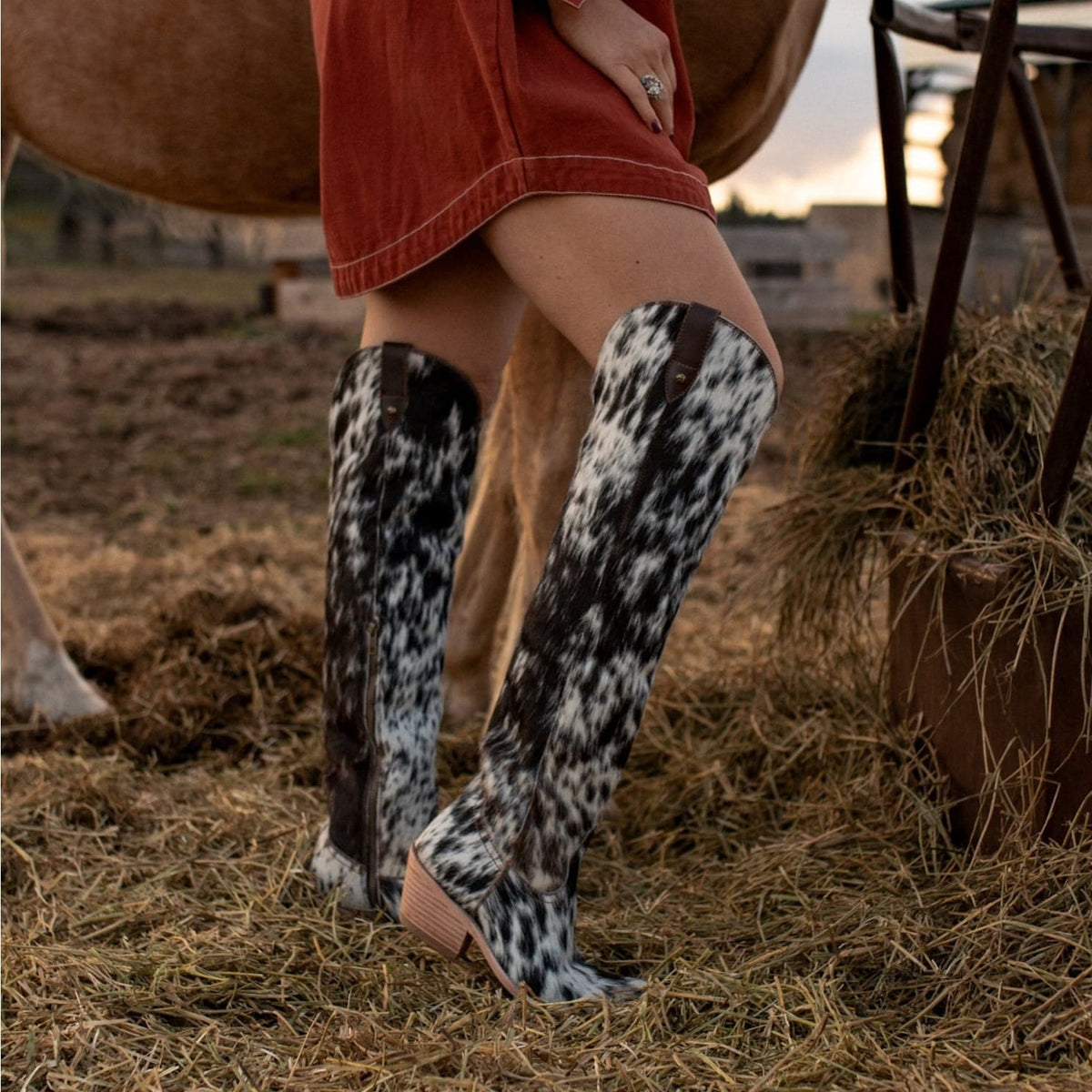 Black & White Cow Print Tall Women's Western Boots-60062